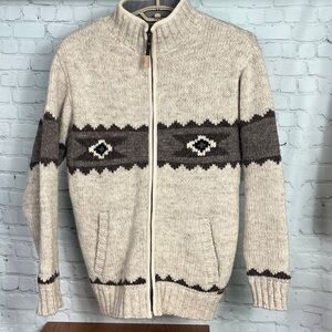 Laundromat 100% wool Cardigan Navajo heavier knit full zip fleece lining Large